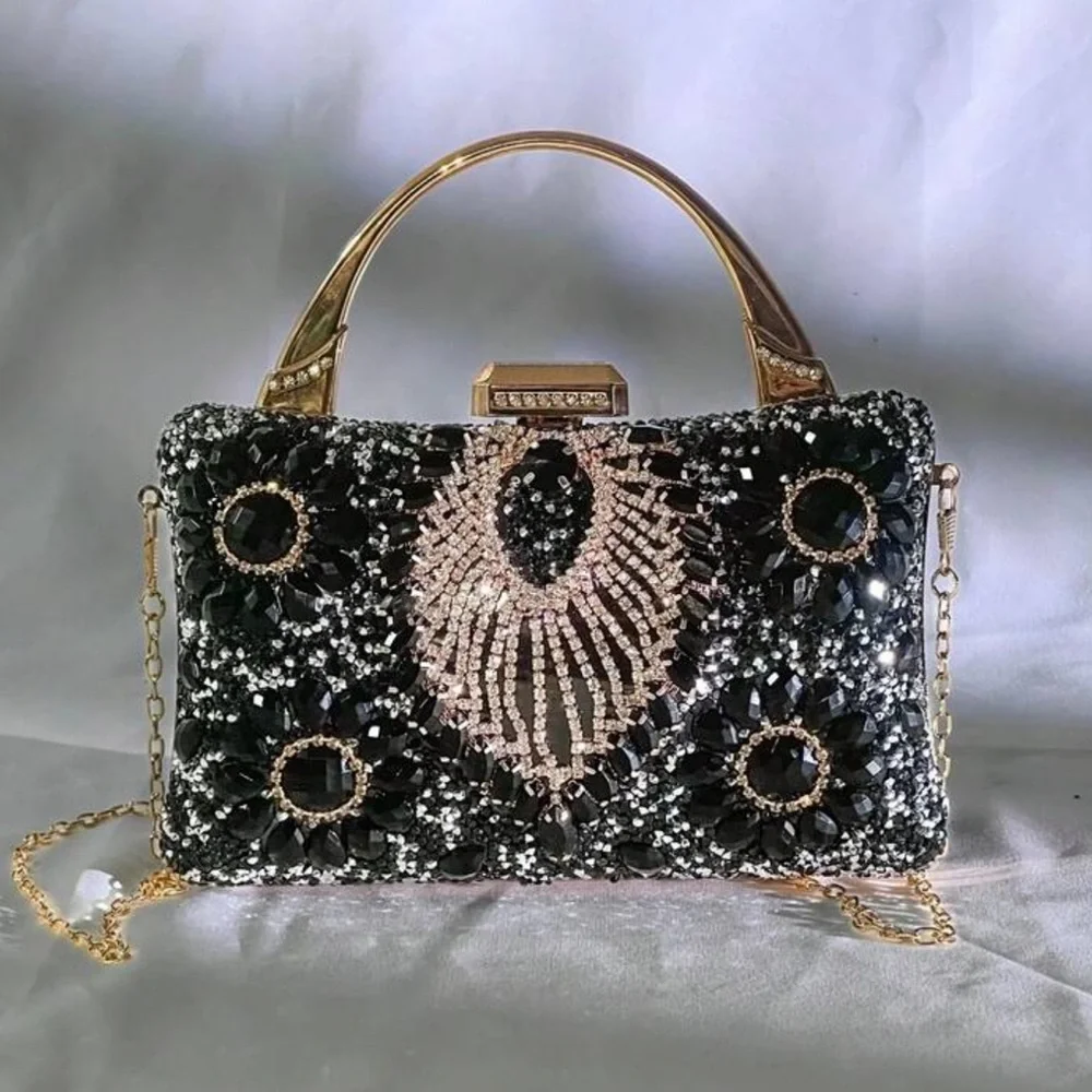 Embellished Black Crystal Evening Clutch with Gold Handle